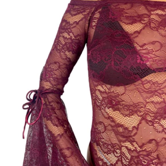 Bebe Women's Red Long-Sleeve Lace Bodysuit Top - Picture 2 of 3